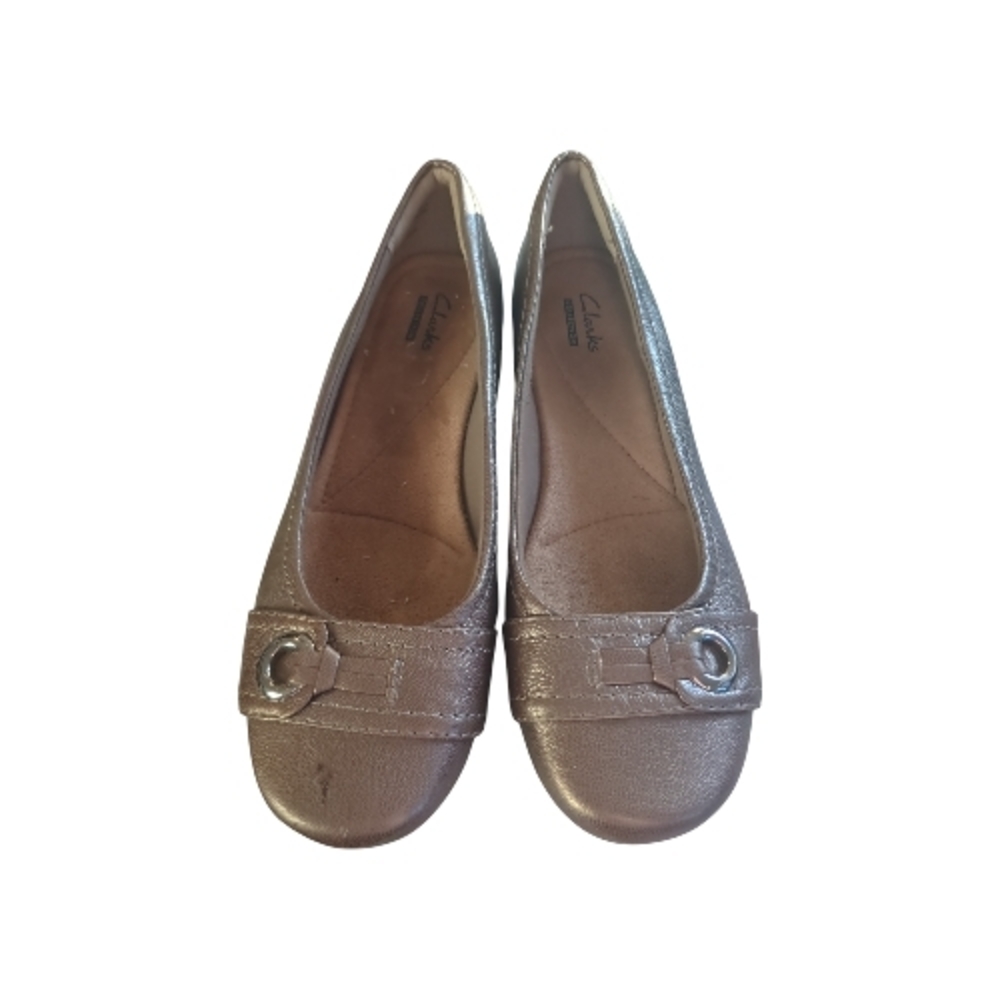 Clarks Sz 6 Metallic Bronze Slip-On Buckle Ballet Flats Minimalist Old Money